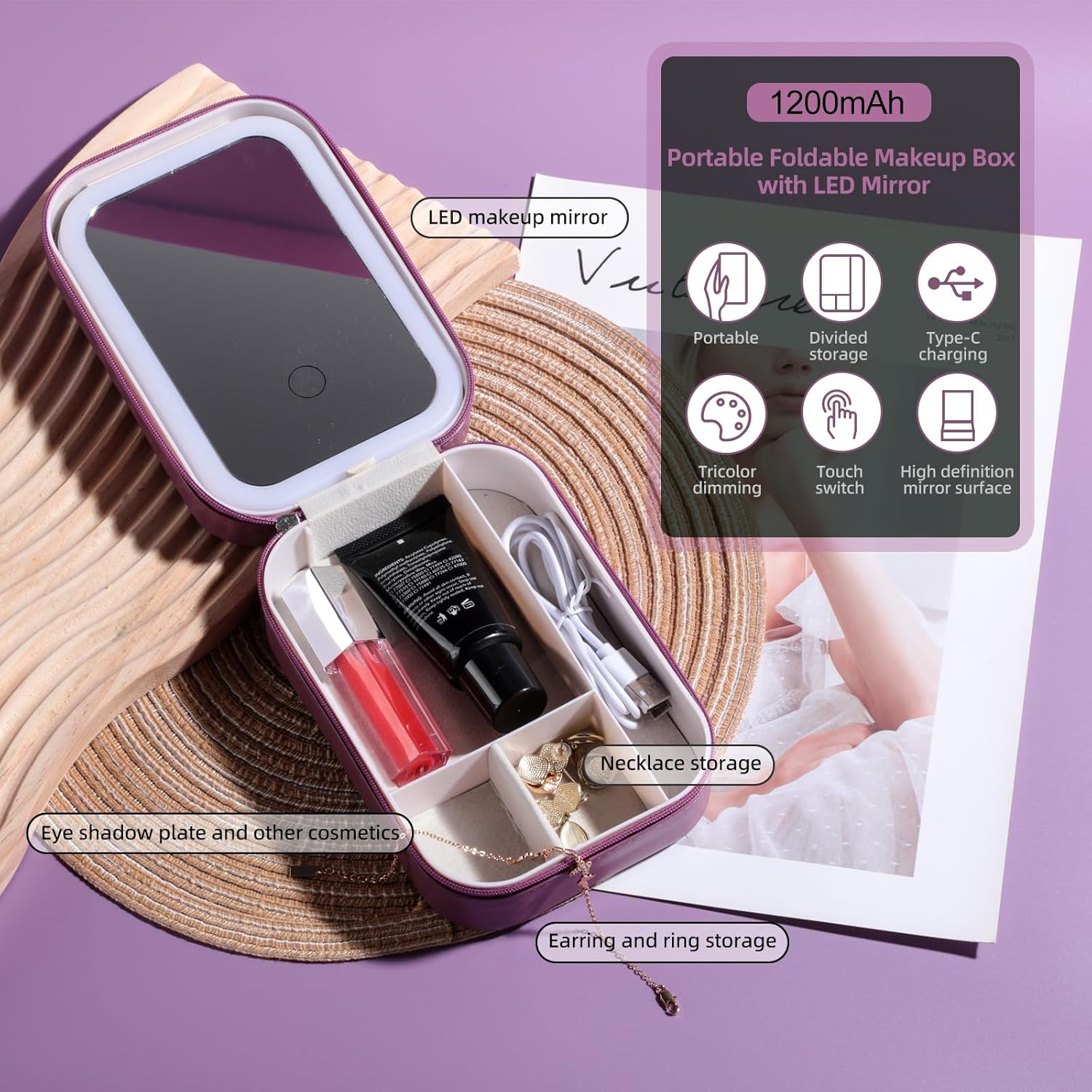 LED Makeup Mirror Travel Case – Portable Cosmetic Storage Organizer with Light (Rose Red)