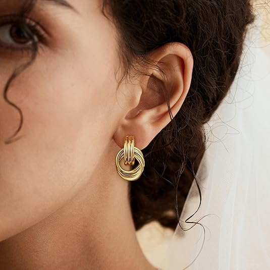 Gold Plated Knot Earrings – Chunky Statement Drop Dangle Jewelry