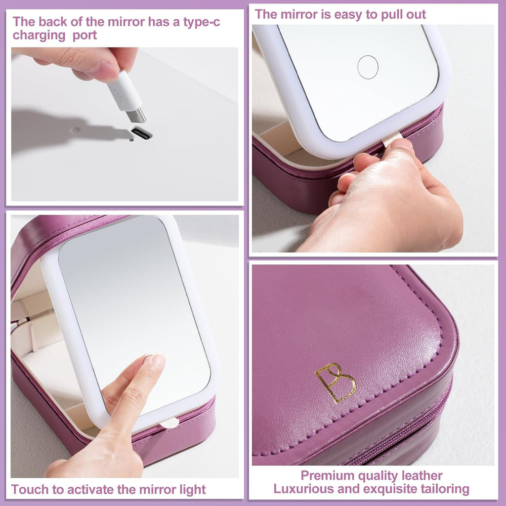 LED Makeup Mirror Travel Case – Portable Cosmetic Storage Organizer with Light (Rose Red)